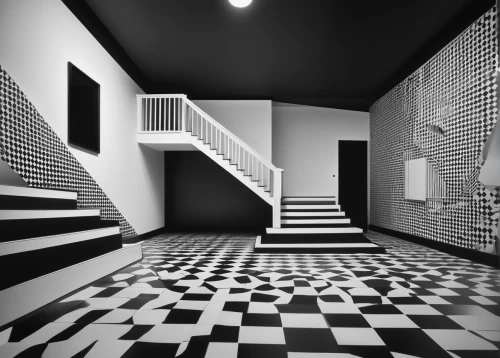 checkered floor,geometric ai file,escher,black and white pattern,winding staircase,3d render,hallway space,3d rendering,stairwell,fractal environment,geometric pattern,tileable,staircase,menger sponge,checkered background,floor tiles,checker marathon,hallway,cinema 4d,outside staircase,Art,Artistic Painting,Artistic Painting 24