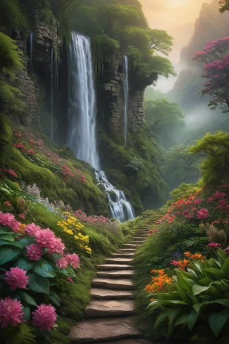 fantasy landscape,fantasy picture,splendor of flowers,the valley of flowers,nature landscape,beautiful landscape,landscape background,waterfalls,cascading,bridal veil fall,the natural scenery,lilies of the valley,natural scenery,fairy world,landscapes beautiful,fairy forest,garden of eden,the mystical path,beauty scene,lilly of the valley,Photography,Documentary Photography,Documentary Photography 22
