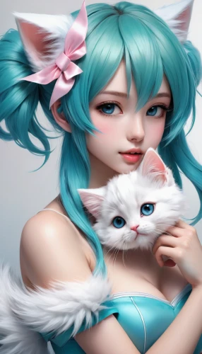 hatsune miku,miku,kitsune,vocaloid,anime 3d,doll cat,cyan,cat kawaii,cheshire,kittens,feline,aqua,two cats,cute cat,pet,kitty,kitten,cat child,3d fantasy,fantasy portrait,Conceptual Art,Fantasy,Fantasy 03