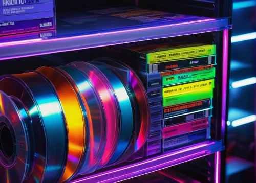 jukebox,magnetic tape,cd- cd-rom,cd player,optical disc drive,cd drive,cassettes,colored lights,minidisc,cd-rom,cds,80s,musicassette,computer art,tape drive,tapes,neon light,cyberpunk,cinema 4d,the record machine,Conceptual Art,Fantasy,Fantasy 29