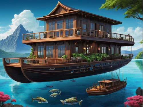 houseboat,floating restaurant,floating huts,floating islands,fishing float,floating island,caravel,house by the water,house of the sea,house with lake,stilt house,floating market,over water bungalows,boat landscape,wooden boat,flying island,tropical house,polynesia,phoenix boat,floating on the river,Conceptual Art,Fantasy,Fantasy 34