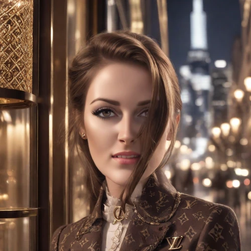 mary-gold,banks,city ​​portrait,vesper,glamorous,steampunk,queen,jeweled,businesswoman,glamor,beautiful woman,business woman,female model,louis vuitton,vanity fair,hollywood actress,model beauty,official portrait,retouching,glamour girl,Photography,Cinematic