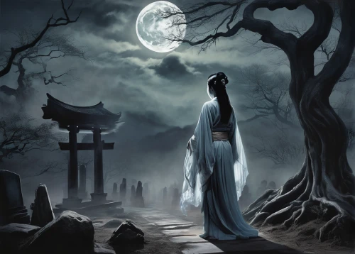 chinese art,moonlit night,moon phase,blue moon,moonlit,the mystical path,full moon day,oriental painting,fantasy picture,lunar phase,blue moon rose,xing yi quan,queen of the night,priestess,yi sun sin,the night of kupala,lunar phases,full moon,mid-autumn festival,lady of the night,Illustration,Realistic Fantasy,Realistic Fantasy 21