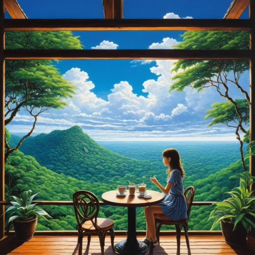 landscape background,woman at cafe,home landscape,overlook,tearoom,panoramic landscape,romantic scene,window to the world,mountain scene,breakfast room,art painting,high landscape,studio ghibli,background view nature,blue mountain,landscapes,oil painting on canvas,tea garden,therapy room,landscape,Illustration,Japanese style,Japanese Style 18