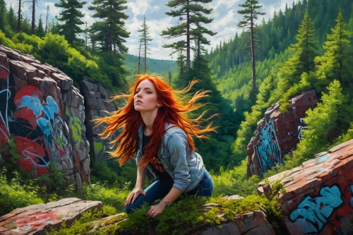 world digital painting,fantasy art,photo painting,landscape background,art painting,clary,forest background,girl with tree,ariel,fantasy picture,the spirit of the mountains,oil painting,mountain spirit,mountain scene,red-haired,creative background,fantasy portrait,treeing feist,red cliff,oil painting on canvas,Conceptual Art,Fantasy,Fantasy 15