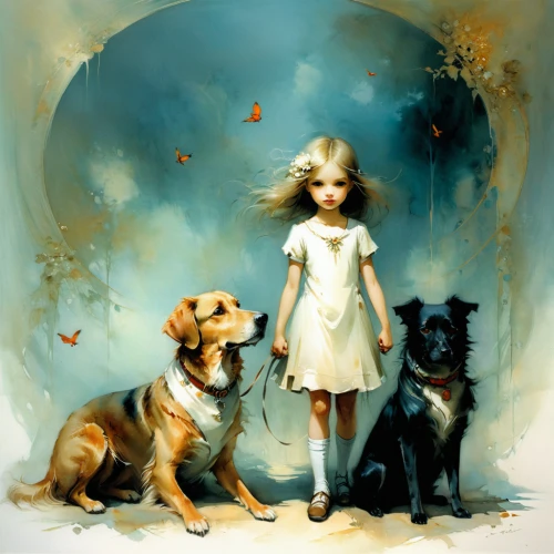girl with dog,boy and dog,dog illustration,children's background,little boy and girl,little girl with balloons,dog breed,three dogs,color dogs,playing dogs,puppy pet,the little girl,walking dogs,animal shelter,canines,canina,companion dog,kids illustration,kennel club,children's fairy tale,Illustration,Realistic Fantasy,Realistic Fantasy 16