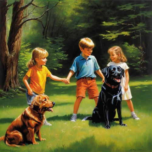 color dogs,playing dogs,hunting dogs,oil painting on canvas,kennel club,oil painting,dog breed,walk with the children,boy and dog,dog training,labrador retriever,children,playing puppies,children drawing,boykin spaniel,walking dogs,puppy pet,children's background,dog school,three dogs,Illustration,Realistic Fantasy,Realistic Fantasy 32