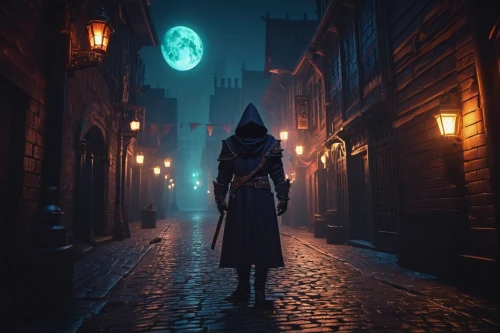 lamplighter,the witch,witch's hat,witch hat,witch's hat icon,cloak,old linden alley,medieval street,scythe,alleyway,dodge warlock,pilgrim,alley,witch,mysterious,wizard,the wanderer,lantern,night image,game art,Conceptual Art,Sci-Fi,Sci-Fi 26