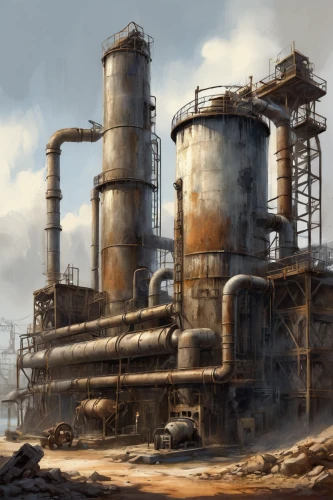 industrial landscape,refinery,industrial ruin,post-apocalyptic landscape,wasteland,industrial plant,heavy water factory,chemical plant,dust plant,industries,mining facility,industrial area,concrete plant,industrial,steel mill,industry,factories,post apocalyptic,metallurgy,oil tank,Illustration,Paper based,Paper Based 24