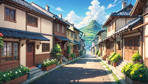 narrow street,wooden houses,violet evergarden,old linden alley,alpine village,alleyway,mountain village,alley,townhouses,neighborhood,studio ghibli,spa town,roof landscape,beautiful buildings,aurora village,village street,roofs,neighbourhood,medieval street,scenery,Anime,Anime,General