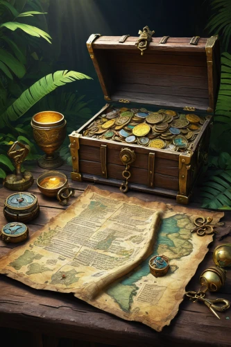 treasure chest,pirate treasure,treasure map,collected game assets,treasure hunt,music chest,apothecary,treasure house,wooden mockup,treasures,eight treasures,trinkets,wooden box,antiquariat,treasure,antique background,tea box,a drawer,gold shop,attache case,Illustration,Realistic Fantasy,Realistic Fantasy 11