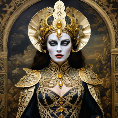 queen of the night,the enchantress,mary-gold,priestess,goddess of justice,golden mask,gold mask,the carnival of venice,cleopatra,artemisia,jaya,emperor,sacred art,golden crown,vestment,gothic portrait,gold lacquer,masquerade,deity,sorceress,Illustration,Realistic Fantasy,Realistic Fantasy 40