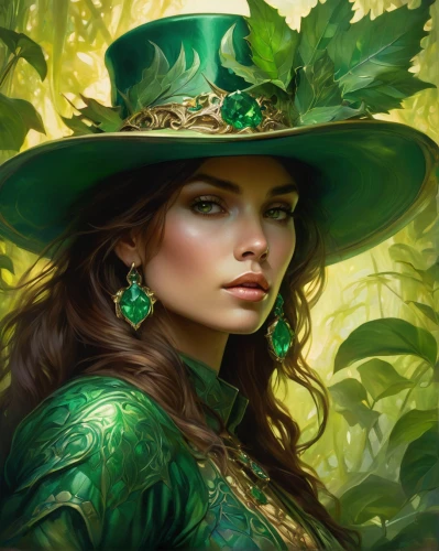 fantasy portrait,the enchantress,dryad,sorceress,the hat of the woman,celtic queen,fantasy art,faery,druid,anahata,faerie,mystical portrait of a girl,patrol,the hat-female,fantasy picture,green,fantasy woman,emerald,fae,portrait background,Conceptual Art,Fantasy,Fantasy 05
