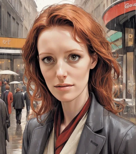 the girl at the station,david bates,world digital painting,sci fiction illustration,lilian gish - female,city ​​portrait,tilda,red-haired,portrait of a girl,girl portrait,woman at cafe,pedestrian,digital painting,a pedestrian,the girl's face,young woman,woman portrait,cg artwork,oil painting on canvas,red head,Digital Art,Comic