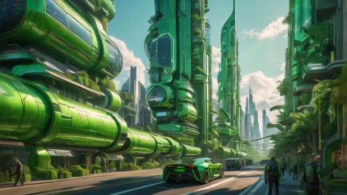 futuristic landscape,futuristic architecture,green valley,sci fiction illustration,gas planet,refinery,futuristic,green train,aurora village,scifi,sci - fi,sci-fi,industrial landscape,sci fi,fantasy city,patrol,alien planet,green living,concept art,alien world,Photography,General,Natural