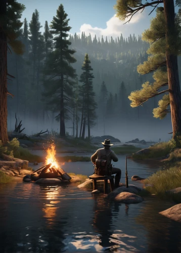 campfires,campfire,fishing camping,canoeing,campsite,dugout canoe,campers,fishing classes,river pines,lakeside,camping,big-game fishing,casting (fishing),fishing,camp fire,people fishing,salt meadow landscape,game illustration,fishing float,idyllic,Illustration,Realistic Fantasy,Realistic Fantasy 07