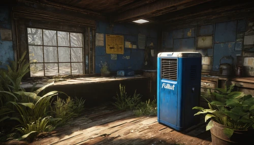 croft,blue doors,fallout4,tardis,water cooler,outhouse,garden shed,blue door,rest room,shed,courier box,fallout shelter,abandoned places,water tank,soda machine,abandoned,abandoned room,derelict,abandoned place,washroom,Illustration,Retro,Retro 11