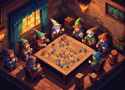 tavern,gnomes at table,game illustration,wine tavern,villagers,chess game,massively multiplayer online role-playing game,tabletop game,gnome and roulette table,drinking establishment,collected game assets,witch's house,dungeon,dungeons,game room,card table,isometric,druid grove,game drawing,board game,Unique,Pixel,Pixel 01