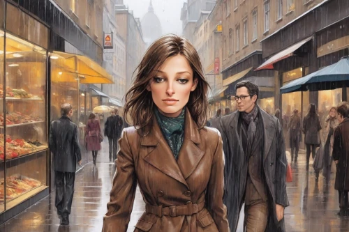 woman shopping,woman with ice-cream,girl with bread-and-butter,girl walking away,woman in menswear,sci fiction illustration,woman walking,woman at cafe,world digital painting,woman holding pie,shopper,salesgirl,overcoat,pedestrian,a pedestrian,city ​​portrait,girl in a long,paris shops,shopping street,the girl at the station,Digital Art,Comic