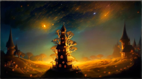 fantasy landscape,starscape,fantasy picture,spire,fantasy art,fairy chimney,arcanum,pillar of fire,fantasy world,fantasia,fantasy city,gold castle,northen light,golden scale,northrend,the pillar of light,star winds,golden candlestick,light of night,torchlight