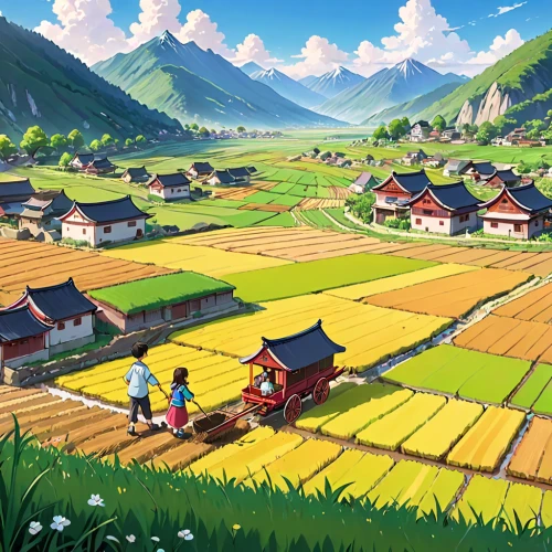 yamada's rice fields,studio ghibli,rice fields,ricefield,rice terrace,rural landscape,japan landscape,japanese alps,mountain village,rice field,the rice field,alpine pastures,farm landscape,alpine village,countryside,yellow grass,rice paddies,village life,agricultural,the valley of flowers,Anime,Anime,Traditional