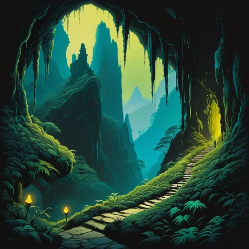 hollow way,lava tube,cartoon video game background,ravine,fantasy landscape,chasm,cave,dungeons,karst landscape,the mystical path,elven forest,cave tour,druid grove,game illustration,swampy landscape,descent,valley of death,the valley of the,mountain road,adventure game,Illustration,Vector,Vector 09