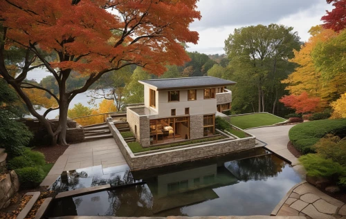 japanese garden ornament,house with lake,japanese architecture,house by the water,3d rendering,autumn scenery,japanese garden,autumn idyll,japanese zen garden,autumn in japan,ryokan,ginkaku-ji,asian architecture,japan garden,render,fall landscape,house in the forest,home landscape,golden pavilion,beautiful home,Photography,General,Realistic