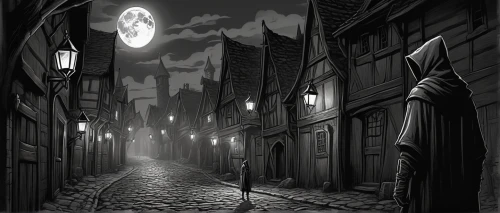blind alley,old linden alley,medieval street,black city,the cobbled streets,lamplighter,alleyway,gas lamp,night scene,narrow street,backgrounds,dark gothic mood,dark art,alley,ghost town,dark world,nocturnes,townscape,street lamps,halloween background,Illustration,Black and White,Black and White 30