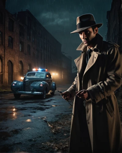 detective,investigator,inspector,private investigator,film noir,mafia,digital compositing,investigation,black city,spy visual,holmes,crime,fedora,mobster car,smooth criminal,volvo amazon,sherlock holmes,overcoat,al capone,trench coat,Illustration,Realistic Fantasy,Realistic Fantasy 02