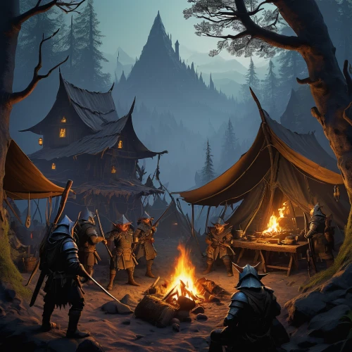 campfires,knight tent,campsite,northrend,game illustration,campfire,tents,winter festival,nordic christmas,nomads,winter village,massively multiplayer online role-playing game,witcher,dwarves,campers,elves,camping,druid grove,camp fire,tent camp,Illustration,Black and White,Black and White 28