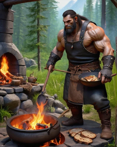 dwarf cookin,barbarian,barbeque,blacksmith,saganaki,barbecue,bbq,men chef,chief cook,outdoor cooking,chef,cookery,woodsman,nordic bear,barbeque grill,red cooking,cook,food and cooking,nördlinger ries,dane axe,Illustration,Realistic Fantasy,Realistic Fantasy 26