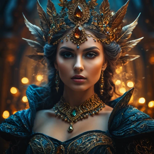 queen of the night,fantasy portrait,the enchantress,miss circassian,fantasy woman,sorceress,fantasy art,priestess,cleopatra,celtic queen,headdress,golden crown,headpiece,diadem,fantasy picture,queen crown,artemisia,blue enchantress,crowned,warrior woman,Photography,General,Fantasy