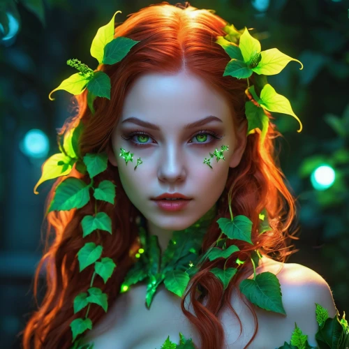 poison ivy,dryad,faery,faerie,fae,spring leaf background,elven flower,green wreath,fantasy portrait,ivy,celtic woman,flora,anahata,celtic queen,the enchantress,fairy queen,fantasy art,fantasy picture,green leaves,elven,Photography,General,Realistic