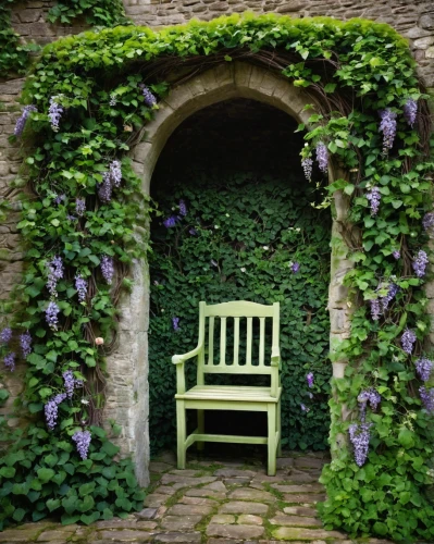 garden door,fairy door,garden bench,ivy frame,floral chair,background ivy,cottage garden,green garden,secret garden of venus,wisteria shelf,wall,harp with flowers,climbing garden,trerice in cornwall,canterbury bells,doorway,garden decor,wisteria,to the garden,grotto,Photography,Artistic Photography,Artistic Photography 11