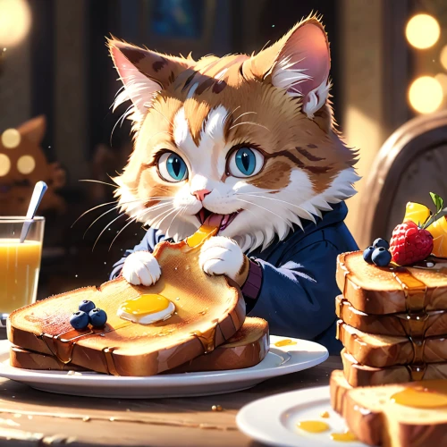 french toast,tea party cat,spring pancake,waffles,juicy pancakes,plate of pancakes,red tabby,pancake,blini,pancakes,cat's cafe,saganaki,hotcakes,milk toast,hot cakes,waffle,small pancakes,kaya toast,hot cake,american pancakes,Anime,Anime,Cartoon