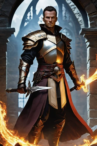 cullen skink,prejmer,paladin,fire master,templar,massively multiplayer online role-playing game,heroic fantasy,htt pléthore,thermal lance,vax figure,smouldering torches,dane axe,fire background,collectible card game,male character,lucus burns,pillar of fire,male elf,castleguard,the archangel,Illustration,Realistic Fantasy,Realistic Fantasy 09