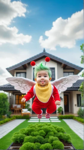 house insurance,baby float,home ownership,flying dandelions,flying seed,garden gnome,scandia gnome,artificial grass,house sales,roof landscape,homeownership,grass roof,garden decoration,lawn ornament,photoshop manipulation,flying girl,up,homebuying,garden ornament,scandia gnomes