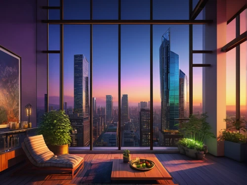 sky apartment,penthouse apartment,modern room,hoboken condos for sale,high rise,skyscapers,an apartment,tallest hotel dubai,bedroom window,skyscrapers,skycraper,shared apartment,livingroom,sky space concept,above the city,city view,glass wall,modern living room,apartment lounge,cityscape,Illustration,Realistic Fantasy,Realistic Fantasy 30