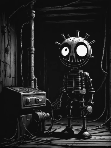 endoskeleton,robotic,robot,frankenweenie,industrial robot,string puppet,robot icon,mechanical,puppet,anthropomorphic,robots,anthropomorphized,puppeteer,clockmaker,marionette,metal toys,clockwork,fallout,barebone computer,minibot,Illustration,Black and White,Black and White 18