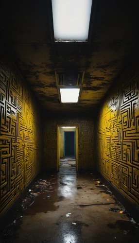penumbra,yellow wall,gold paint stroke,abandoned room,gold wall,yellow wallpaper,maze,catacombs,live escape game,fallout shelter,abandoned places,hallway,3d render,underground,underpass,render,abandoned place,creepy doorway,underground garage,yellow brick wall,Conceptual Art,Daily,Daily 12