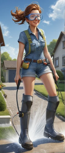 girl in overalls,female worker,blue-collar worker,construction worker,roofer,plumber,janitor,cleaning woman,engineer,overalls,coveralls,repairman,water hose,personal protective equipment,contractor,housekeeper,protective clothing,hard woman,sprint woman,builder,Illustration,Paper based,Paper Based 29