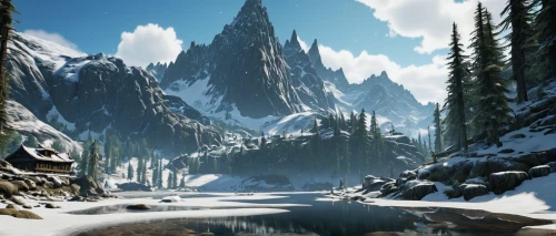 skyrim,snowy mountains,snowy peaks,northrend,salt meadow landscape,snow mountains,mountain valley,snow mountain,mountains snow,winter lake,lake moraine,mountain scene,mountain landscape,alpine lake,mountainous landscape,snowy landscape,snow landscape,mountain settlement,mountains,mountain world,Conceptual Art,Daily,Daily 11