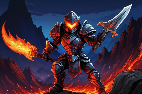 fire background,dane axe,iron mask hero,firebrat,knight armor,magma,torchlight,fire master,dragon slayer,burning torch,paladin,fantasy warrior,scorched earth,firethorn,crusader,excalibur,molten,shredder,hot metal,massively multiplayer online role-playing game,Illustration,Vector,Vector 20