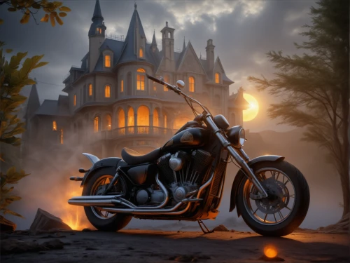 harley-davidson,harley davidson,black motorcycle,ghost castle,motorcycles,halloween background,motorcycle,haunted castle,fantasy picture,halloween car,witch's house,old halloween car,motorcycle tours,motorbike,halloween travel trailer,halloween poster,halloween scene,heavy motorcycle,gothic style,helloween,Photography,General,Realistic