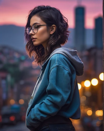 city ​​portrait,portrait background,denim jacket,with glasses,girl portrait,jean jacket,portrait photographers,portrait photography,dusk background,semi-profile,woman portrait,colorful background,girl walking away,photo session at night,bolero jacket,jacket,asian woman,mulan,glasses,bokeh,Photography,Fashion Photography,Fashion Photography 25