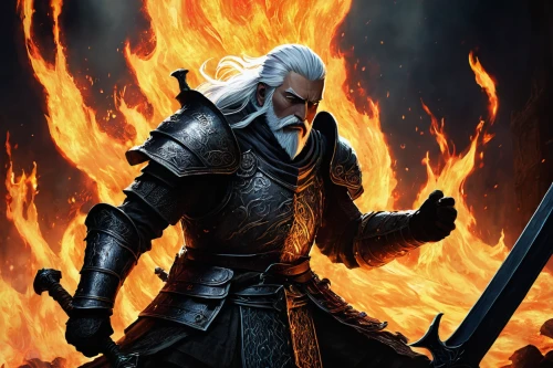 witcher,fire background,dark elf,fire master,prejmer,blacksmith,burning torch,white walker,gandalf,smouldering torches,heroic fantasy,pillar of fire,massively multiplayer online role-playing game,the white torch,male elf,flame of fire,dane axe,thorin,flickering flame,templar,Illustration,Japanese style,Japanese Style 14