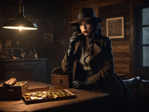 leather hat,detective,woman holding pie,the hat-female,investigator,black hat,cigarette girl,woman drinking coffee,the hat of the woman,jigsaw puzzle,victoria smoking,scene lighting,overcoat,hat vintage,girl with bread-and-butter,trench coat,brown hat,girl in the kitchen,watchmaker,private investigator,Conceptual Art,Oil color,Oil Color 16