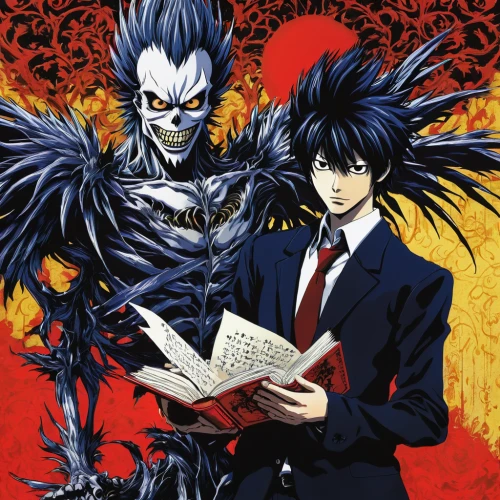 shinigami,vanitas,angel and devil,crows,crows bird,black crow,persona,bird couple,king of the ravens,clamp,vamps,anime manga,corvin,game arc,goths,murder of crows,comic book,phoenix rooster,undead,yukio,Illustration,Japanese style,Japanese Style 14