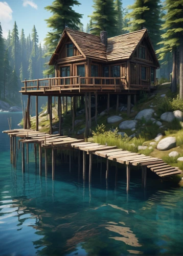 house with lake,house by the water,summer cottage,boathouse,floating huts,wooden pier,the cabin in the mountains,fisherman's house,log cabin,log home,boat house,cottage,dock,houseboat,docks,boat shed,small cabin,wooden house,boat dock,water mill,Illustration,Abstract Fantasy,Abstract Fantasy 12