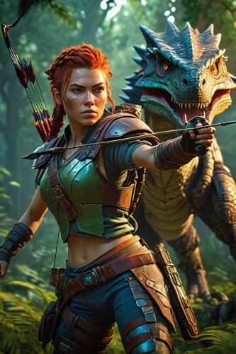 massively multiplayer online role-playing game,crocodile woman,warrior and orc,green dragon,female warrior,heroic fantasy,game art,game illustration,action-adventure game,witcher,saurian,dragon slayer,emerald lizard,ark,firethorn,lizards,forest dragon,kobold,dragon slayers,hunting scene,Conceptual Art,Sci-Fi,Sci-Fi 21